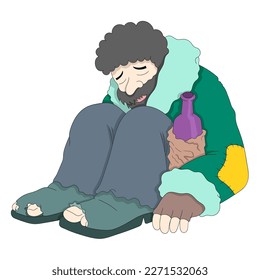 homeless man is sitting with a shabby and pitiful look. vector design illustration art