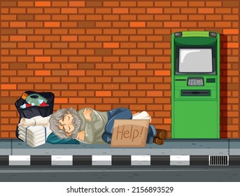 Homeless man sleeping near atm machine illustration