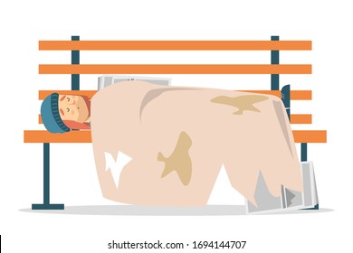 Homeless man sleeping on the bench vector isolated. Male person living on the street. Asleep tramp, concept of unemployment and poverty.