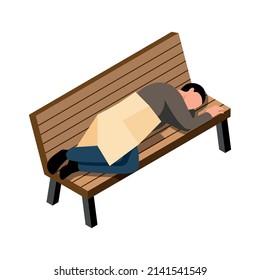 Homeless man sleeping on bench 3d isometric vector illustration