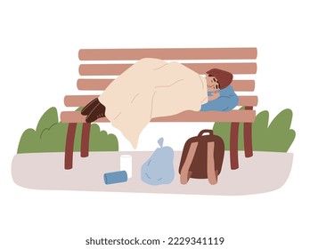 Homeless man sleeping on the bench. Unemployed, poor person living on the street. Expensive high rent. Social inequality. Social issue, unemployment problem. Flat vector illustration.