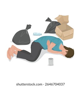 Um sem-teto dormindo na calçada em uma pilha de lixo. Falta de dinheiro, conceito de depressão econômica. Ilustração de vetor de desenhos animados. 