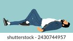 Homeless man sleeping on street in park vector illustration. Migrant resting on ground. Social crises. Refugee boy sleep. Unconscious collapsed man laying down. Tired drunk boy rest outdoor in park.