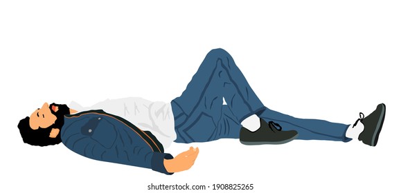 Homeless man sleeping on street in park vector illustration. Migrant resting on ground. Social crises. Refugee boy sleep. Unconscious collapsed man laying down. Tired drunk boy rest outdoor in park.