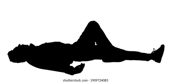 Homeless man sleeping on street in park vector silhouette isolated. Migrant resting on ground. Social crises. Refugee boy sleep. Unconscious collapsed man laying down. Tired boy rest outdoor in park.