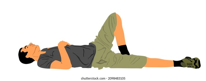 Homeless man sleeping on street in park vector illustration. Migrant from resting on ground. Social crises. Refugee boy sleep. Unconscious collapsed man laying down. Tired boy rest in park.