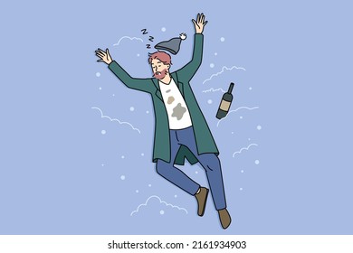 Homeless man sleeping on street on snow next to bottle. Drunk male doze off outdoors struggle with alcoholic addiction. Alcoholism and drunkenness. Flat vector illustration. 