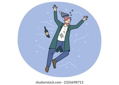 Homeless man sleeping on street on snow next to bottle. Drunk male doze off outdoors struggle with alcoholic addiction. Alcoholism and drunkenness. Flat vector illustration.