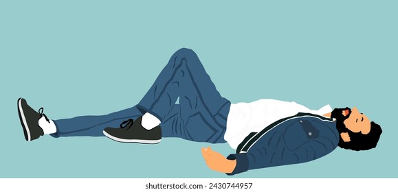 Homeless man sleeping on street in park vector illustration. Migrant resting on ground. Social crises. Refugee boy sleep. Unconscious collapsed man laying down. Tired drunk boy rest outdoor in park.