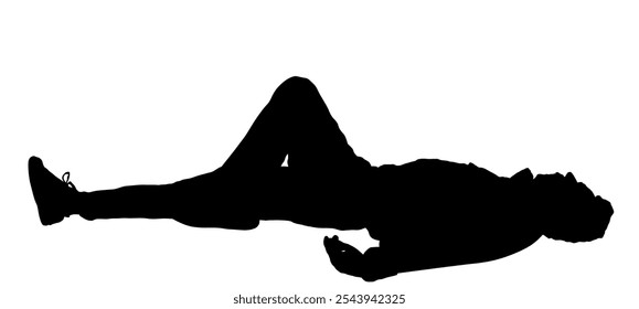 Homeless man sleeping on street vector silhouette illustration isolated. Migrant resting on ground. Social crises. Refugee boy sleep. Unconscious collapsed man laying down. Tired boy rest outdoor.