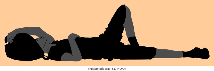 Homeless man sleeping on the street on the ground, vector silhouette illustration.