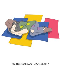 homeless man is sleeping pity on paper stranded on the floor. vector design illustration art