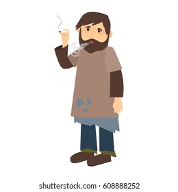 Homeless man smokes cigarette icon on white background. Vector illustration