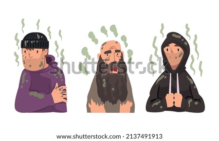 Homeless Man in Spotted Clothes Feeling Bad Smell Dirty Wear Vector Set