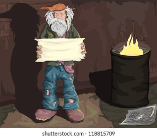 Homeless man standing on the street with an empty plate in hand. Vector