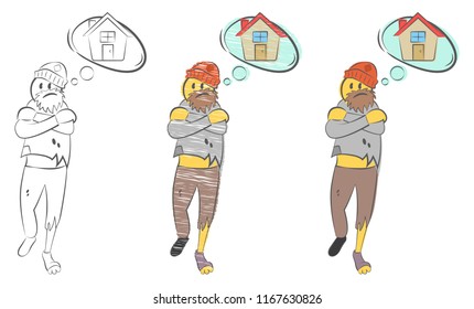 Homeless man with torn clothes dreams about home. Problems of homeless person concept. Tramp seeks refuge. Unemployment guy. Man freezing. Suffers from cold. Hand drawn  doodle vector illustration.