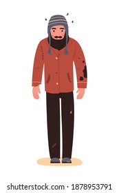 Homeless man. Unemployed beggar in rags. EPS10 vector illustration in flat style.