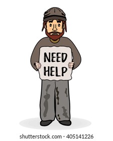 Homeless man. vector illustration. Social problem: homeless and unemployment trouble. Financial crisis. Helping. poverty concept.