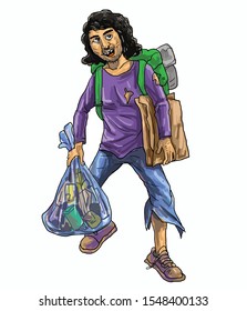 Homeless man walking to sell recycle trash with at his hand
