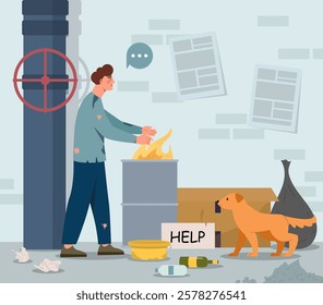 Homeless man warms hands over fire in barrel beside dog and help sign. Urban background with trash, bags, and wall posters. Concept of poverty. Vector illustration