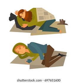 Homeless man and woman sleep on cardboard sheet