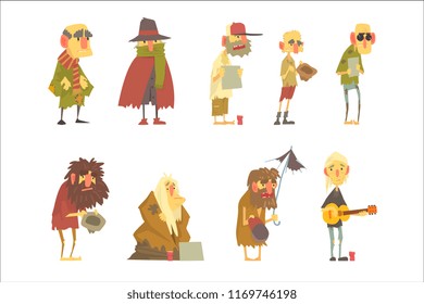 Homeless men characters set. Unemployment and homeless issues cartoon vector Illustrations