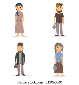 Homeless men and women set. Male and female beggar in rags collection. EPS10 vector illustration in flat style.