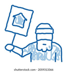 homeless with nameplate house sketch icon vector. Hand drawn blue doodle line art homeless with nameplate house sign. isolated symbol illustration