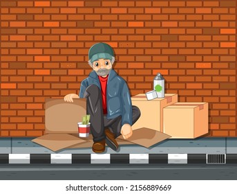 Homeless Old Man Cartoon Character Illustration