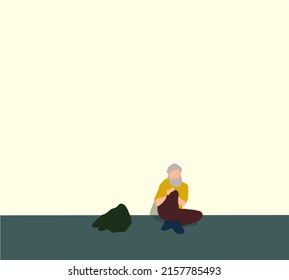Homeless old man sitting in the street. Cartoon Design Vector Illustration social problem poverty misery.
