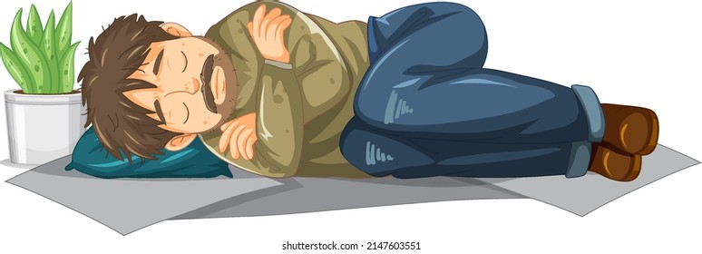 Homeless old man sleeping cartoon character illustration