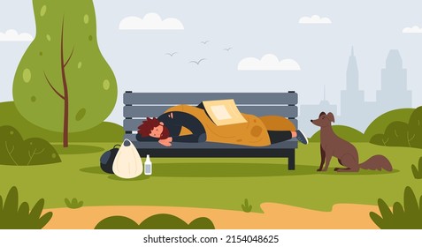 Homeless on street. Cartoon dirty poor man character sleeping outdoor covered with newspapers. Vector homeless person illustration. Unemployed character in ragged clothes on bench in city park