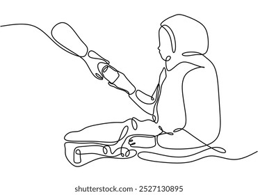 Dibujo de una línea sin hogar. Arte de línea continua de la necesidad de ayuda de las mujeres inmigrantes. Diseño minimalista aislado sobre fondo blanco. 