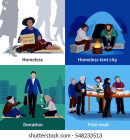 Homeless people 2x2 design concept with hungry beggar sitting on sidewalk man making donation free meal flat vector illustration   