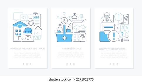 Homeless people assistance - line design style banners set with place for text. Free essentials, help with documents. Justice of the law, support, food, medicine, donations and employment idea