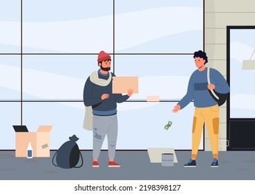Homeless people, beggar asking for help on street. Vector beggar and poverty on street illustration