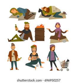 Homeless people, beggars and bum vagrants vector flat isolated icons