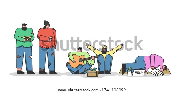 Homeless people\
cartoon characters. Poor refugees unemployed, dirty and hungry\
living on street. Hopeless tramps begging for money needing help\
and food. Vector\
illustration