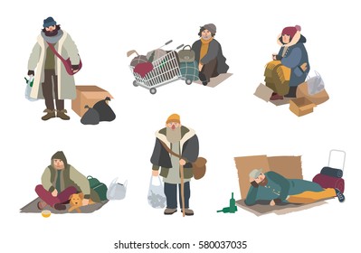 Homeless people. cartoon flat characters set illustration.