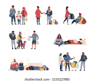 Homeless people. Cartoon poor family, hungry and dirty child man and woman begging and looking for food and shelter. Vector persons of poverty set. Unemployed characters having life problems