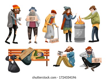 Homeless people cartoon. Unemployment people needing help and food. Homeless male and female people begging money set. Tramp sleeping on bench, hungry beggar sits on sidewalk vector illustration.