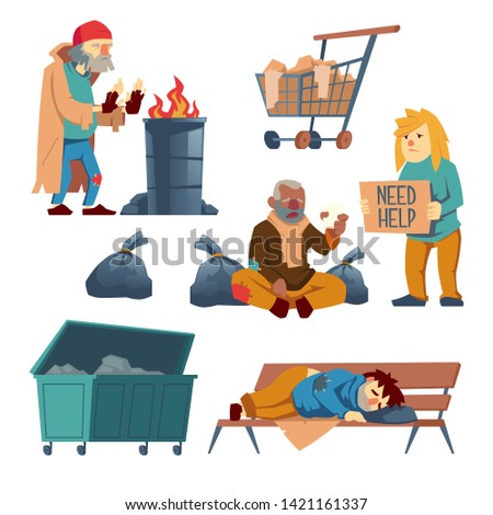 Homeless people cartoon vector characters set isolated on white background. Poor man sleeping on bench, woman asking for help with signboard in hands, beggar warming palms, begging alms illustration