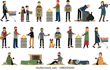 Homeless People Characters Begging for Work and Food Vector Illustration Set