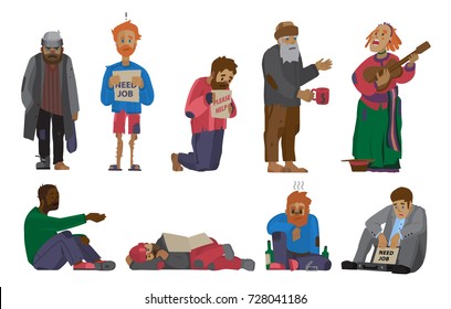 Homeless people characters cadger set, unemployment men needing help, bums and hobos stray vector illustrations.