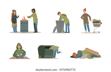 Homeless People Characters Living on the Streets Looking Hungry and Dirty Vector Set