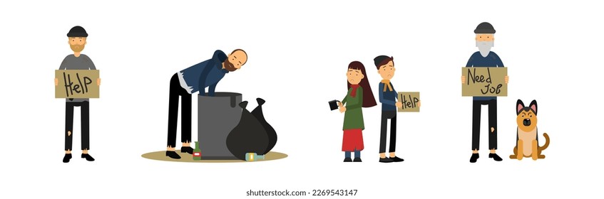 Homeless People Characters in Rags Begging for Help Vector Set