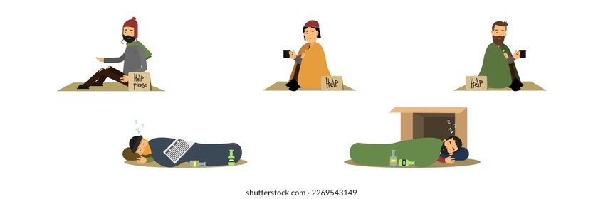 Homeless People Characters in Rags Begging for Help Vector Set