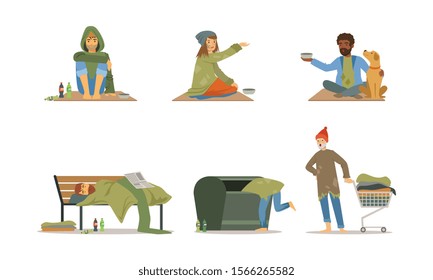 Homeless People Characters Vector Set. Poverty Concept