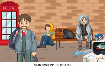 Homeless people in the city illustration