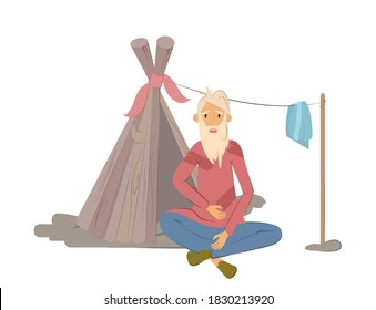 Homeless people concept. Elderly man begging money and needing help, isolated vector illustration. Unemployment poor man in rags, sitting near of temporary ramshackle hut on street.